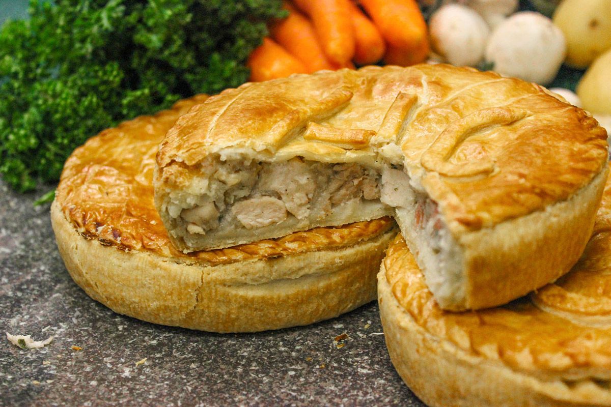 A golden 6-inch pie, cut open